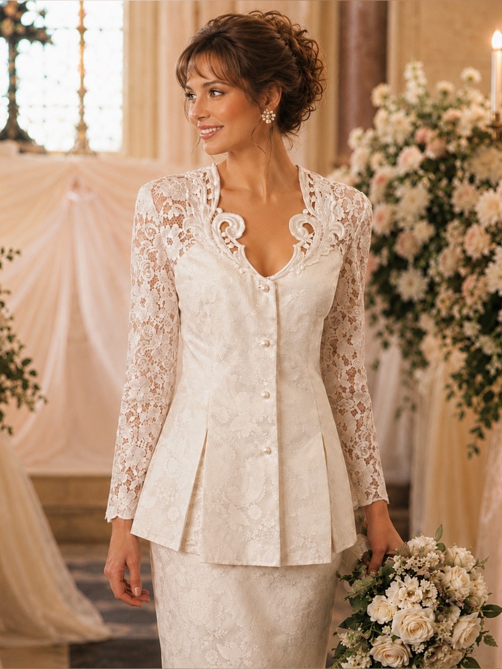 Vintage 90s Jessica McClintock Bridal Ivory White Lace Jacquard Skirt Suit Set M